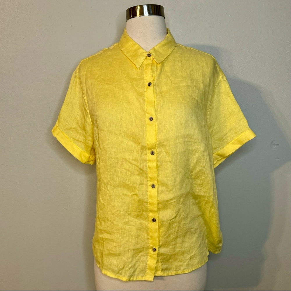 Tahari Linen Blouse Size Medium yellow 100% Linen boxy fit shirt top